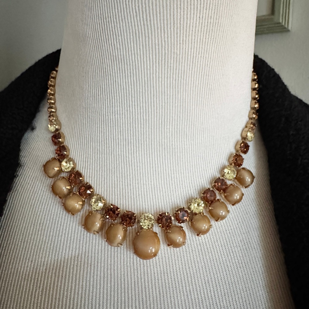 Vintage Rhinestone Statement Necklace‎ Butterscotch Smokey Topaz Amber Tone Glam - Picture 2 of 10